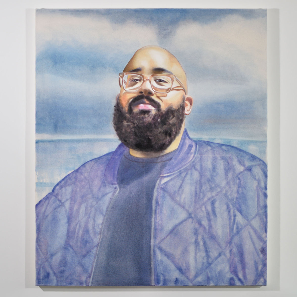 'Adrian Eagle' oil painting hanging on a neutral wall in the artist's studio.