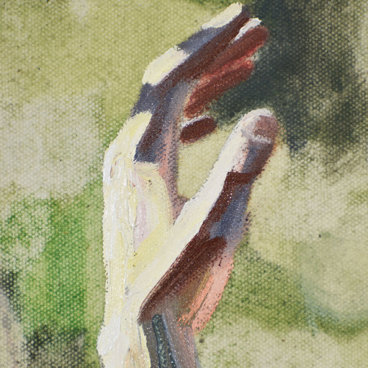 Contemporary portrait painting, close-up of a woman's hand with a blurred green background