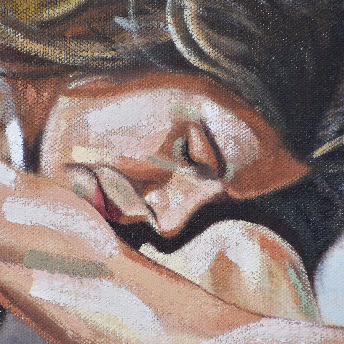Contemporary portrait painting, close-up of a woman's face with a mellow expression.