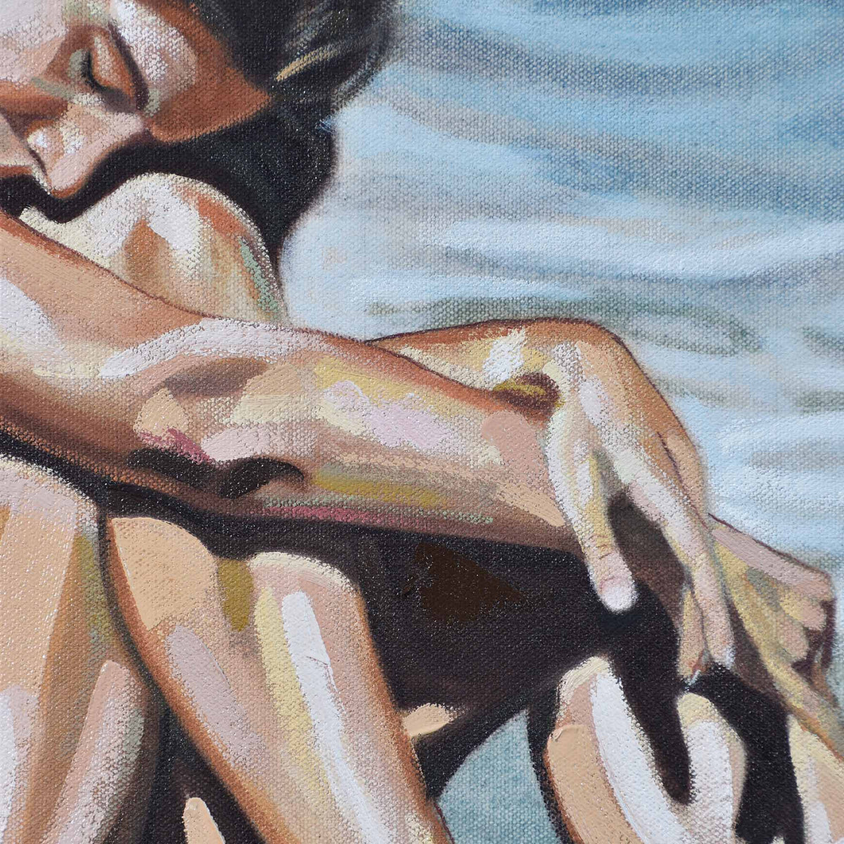 Contemporary portrait painting, close-up of a woman's hand with water in the background.