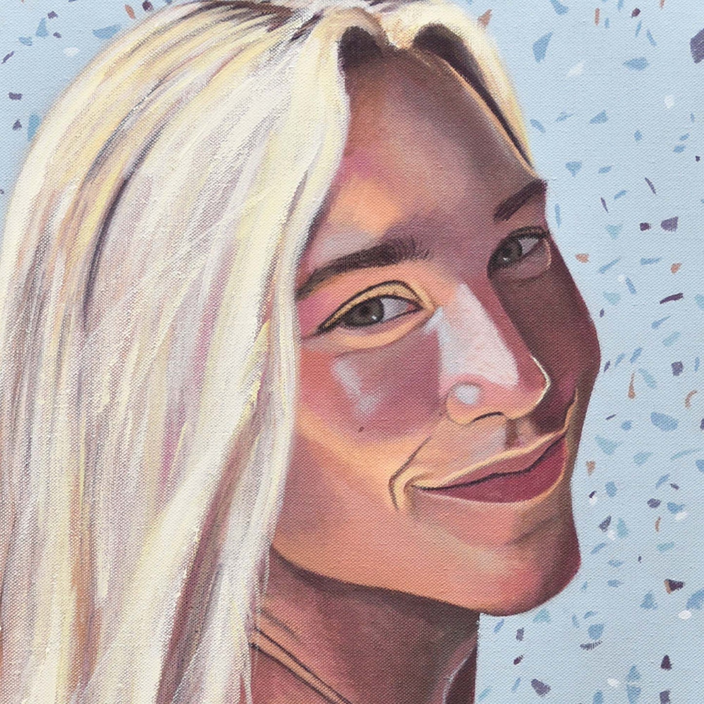 Close-up of woman’s face with a neutral expression in a Contemporary portrait painting.