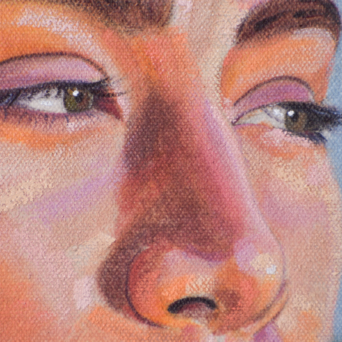 Contemporary portrait painting, close-up of a woman's eyes with sunset-toned colors on her skin