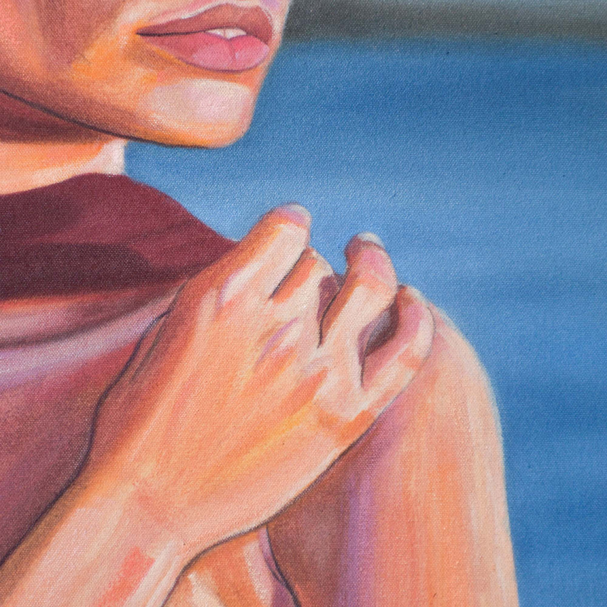 Contemporary portrait painting, close-up of a woman's hand with a blurred blue background.