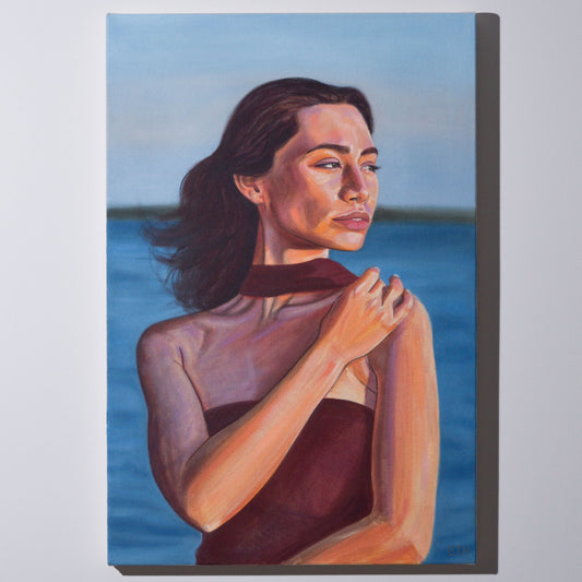 'Golden Hour' oil painting hanging on a neutral wall in the artist's studio.