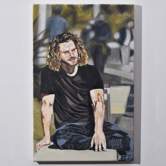 'In A Moment Of Silence' oil painting hanging on a neutral wall in the artist's studio.