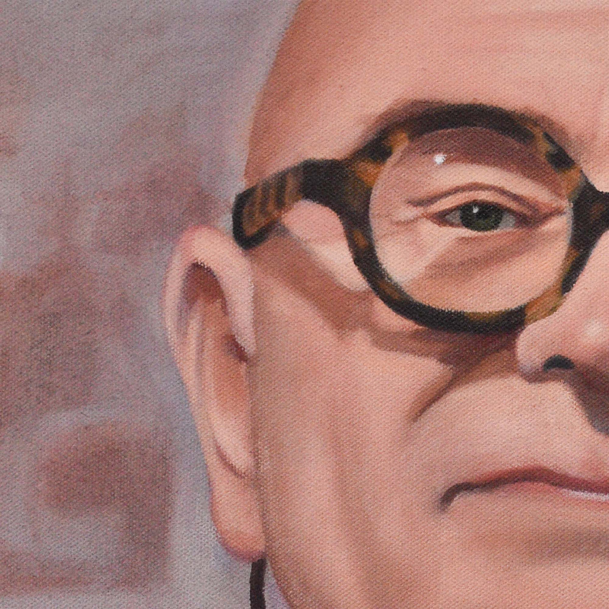 Contemporary portrait painting, close-up of Michael Reid's glasses.