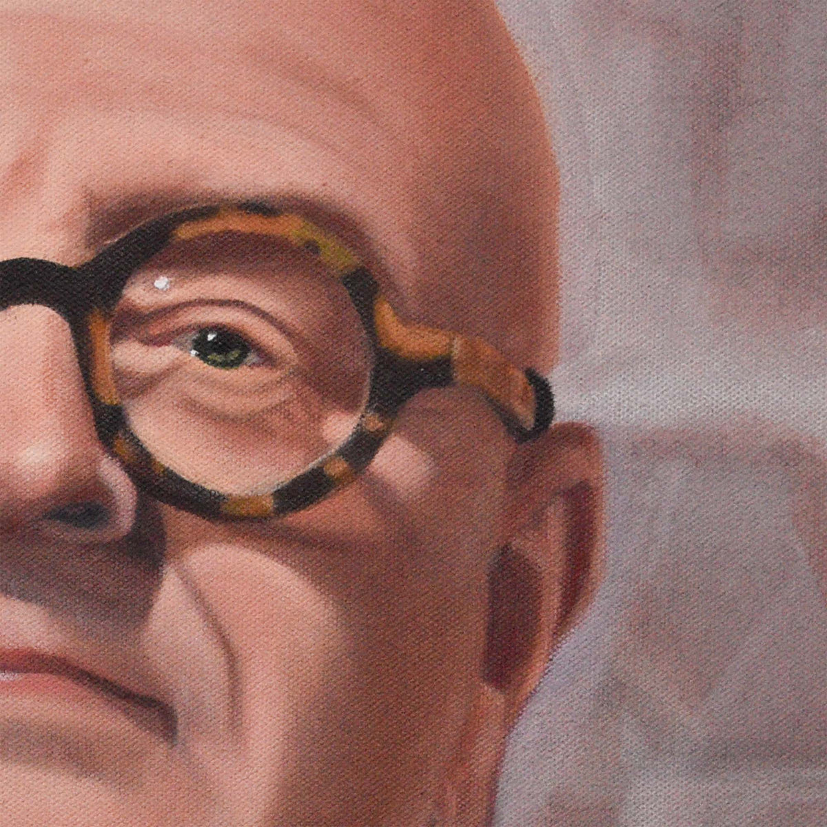 Contemporary portrait painting, close-up of Michael Reid's glasses.