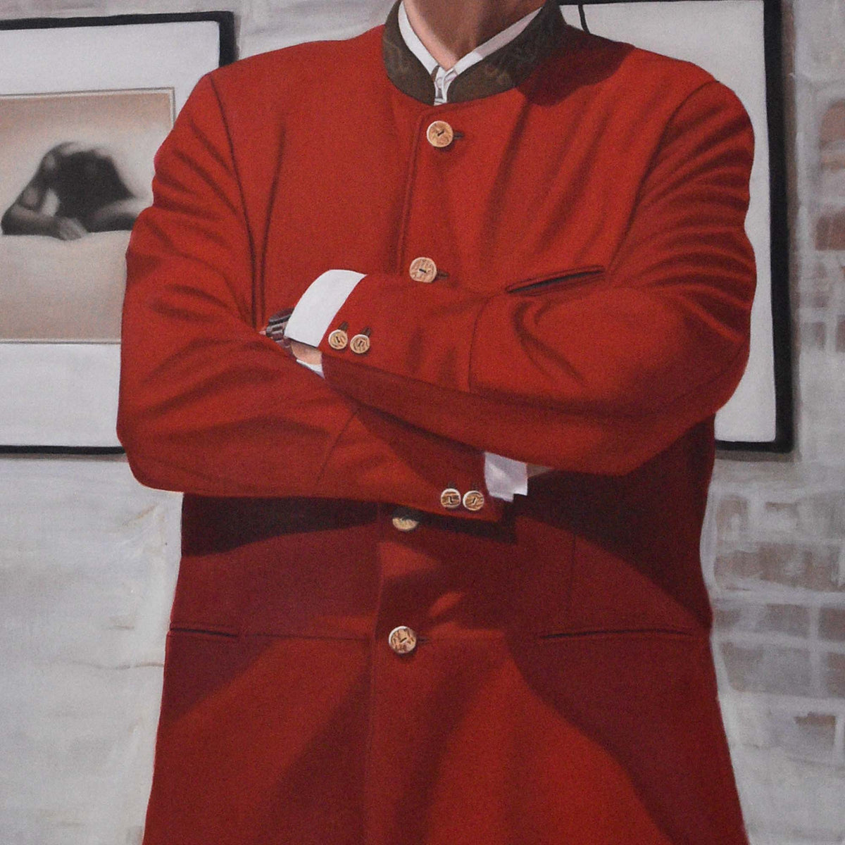 Contemporary portrait painting, close-up of a deep red circus ringmaster jacket.