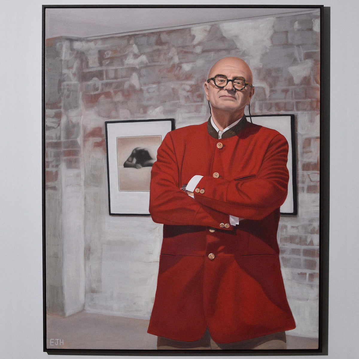 'Michael Reid OAM' oil painting hanging on a neutral wall in the artist's studio.