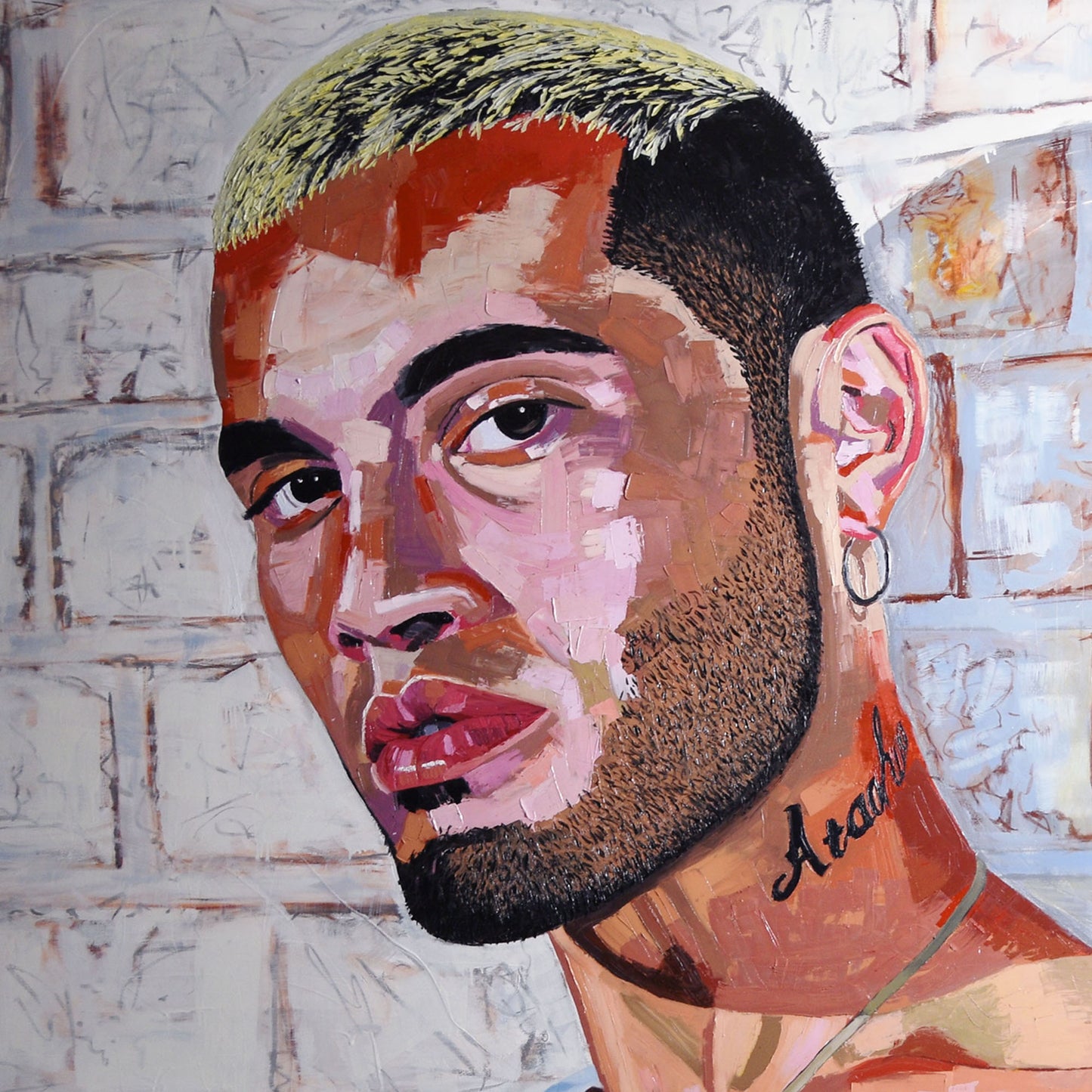 Close-up of man's face with a neutral expression in a Contemporary portrait painting.