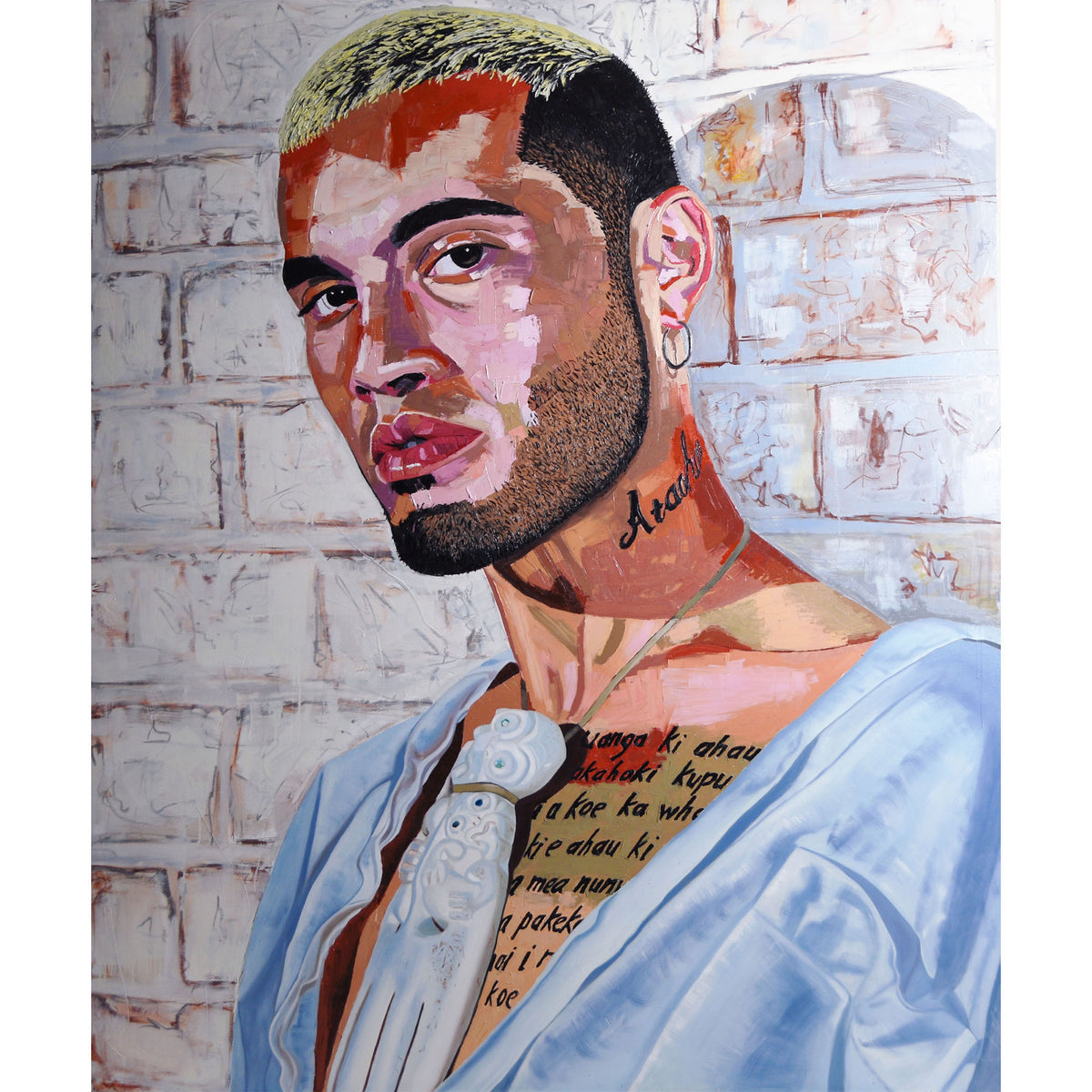 Mixed media painting 'Stan Walker,' 2020, depicting a tattooed man against a brick wall