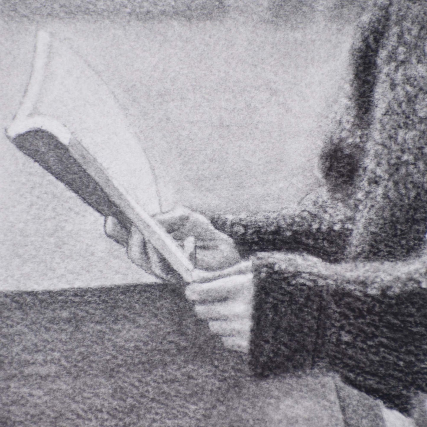 Close-up of a woman holding a book with a blurred background in a Contemporary drawing.