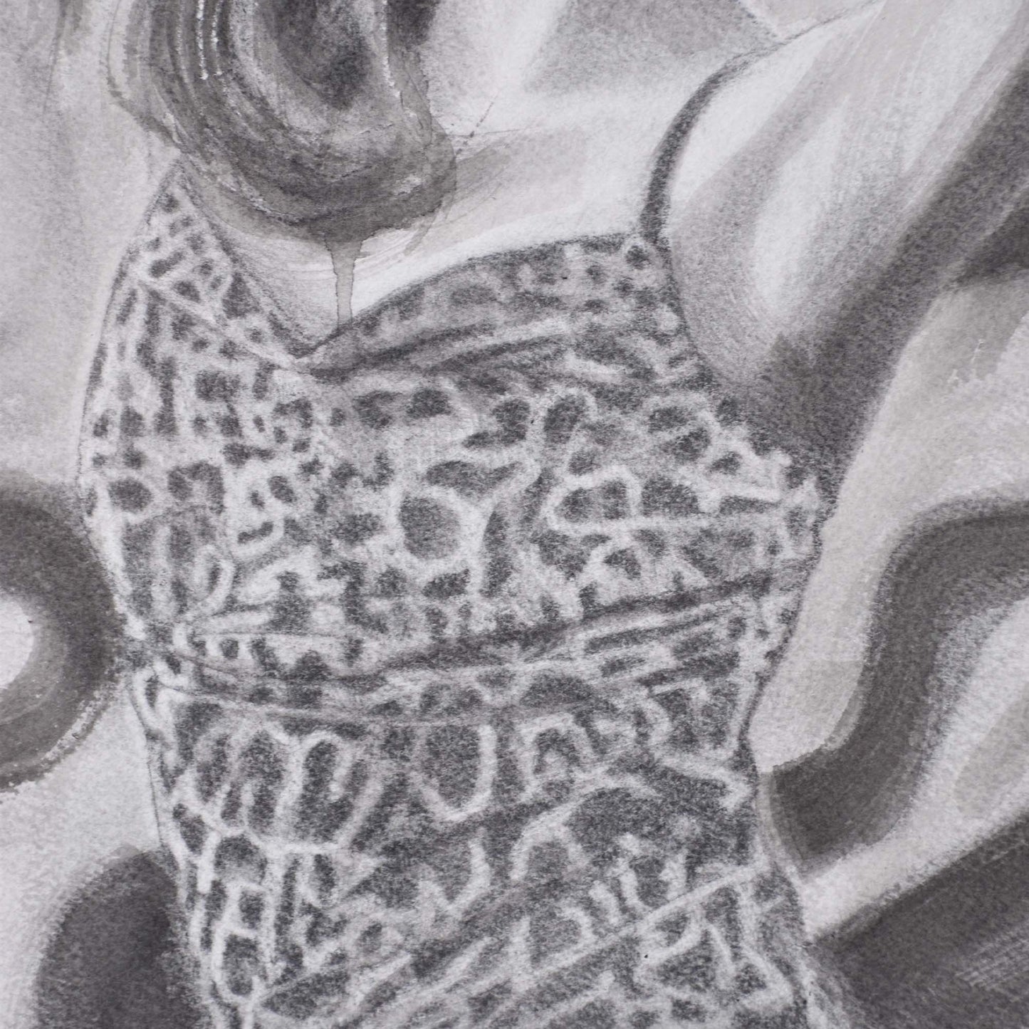 Close-up of woman's leopard print dress in a Contemporary portrait drawing.