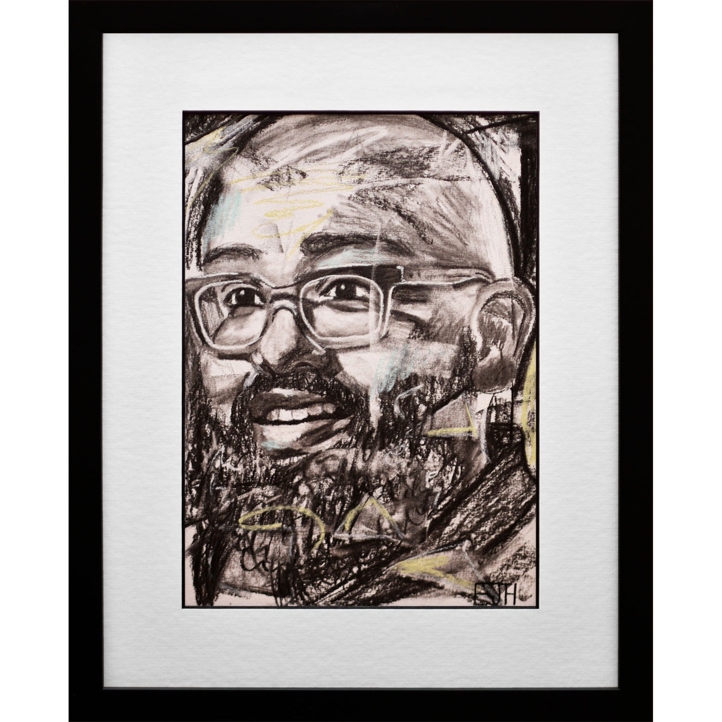 Framed portrait drawing titled 'Amaze', 2025 depicting a person with glasses and a smile.