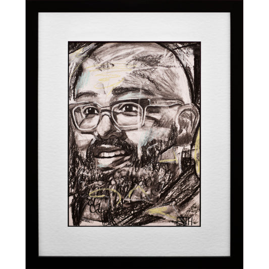 Framed portrait drawing titled 'Amaze', 2025 depicting a person with glasses and a smile.