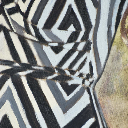 Close-up of a zigzag dress with black, white, and grey colours in a Contemporary portrait painting.