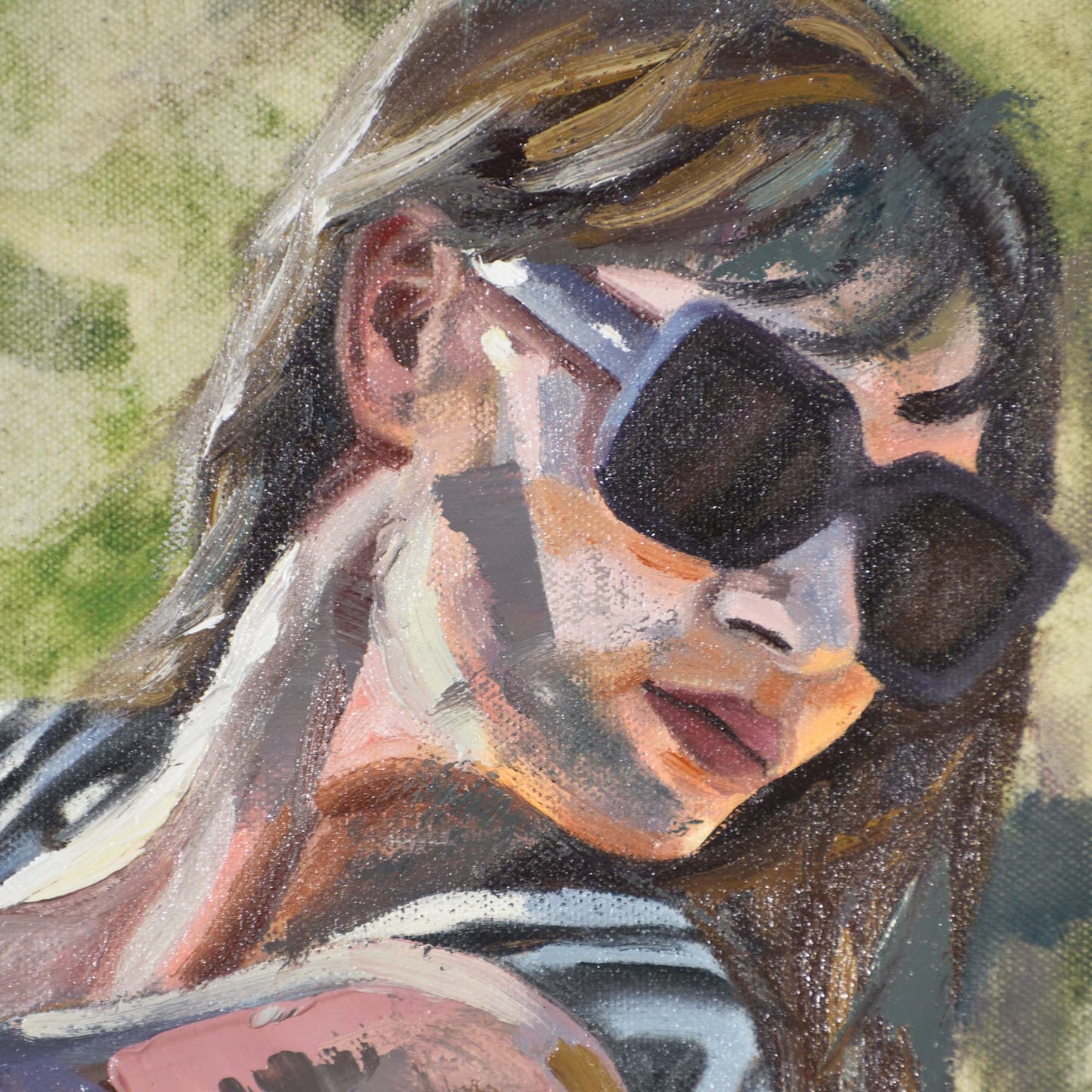 Close-up of woman wearing sunglasses in a Contemporary portrait painting.