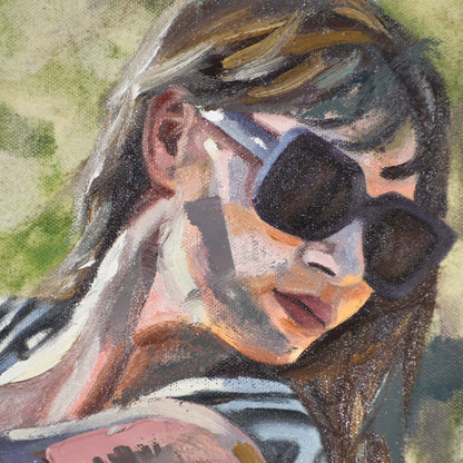 Close-up of woman wearing sunglasses in a Contemporary portrait painting.