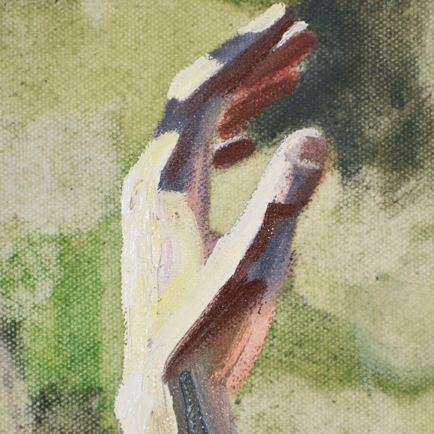 Close-up of woman’s hand with blurred green background in a Contemporary portrait painting.