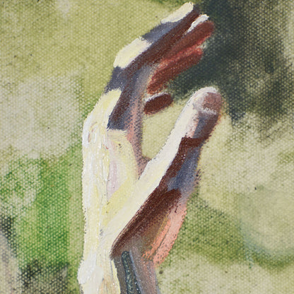 Close-up of woman’s hand with blurred green background in a Contemporary portrait painting.