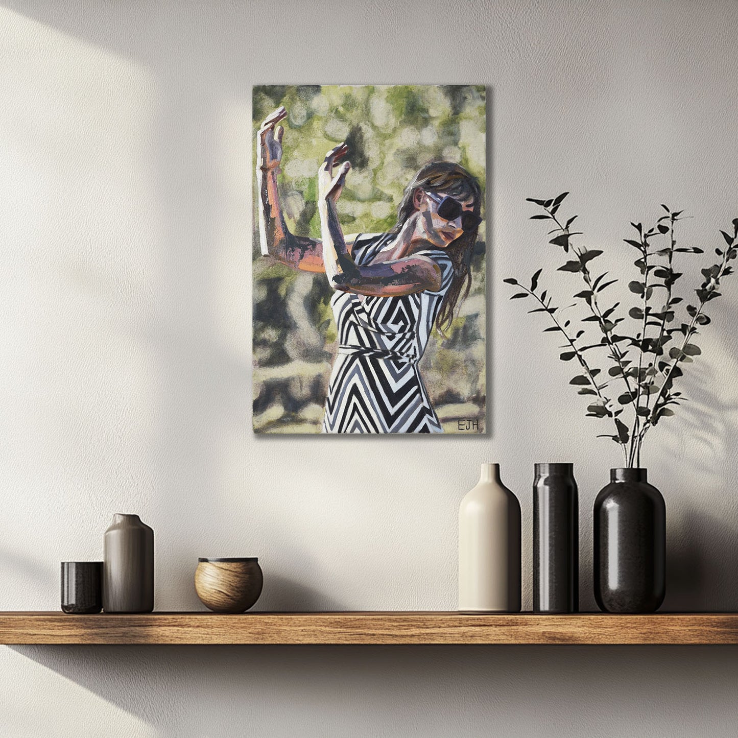 'Another Glorious Day' oil painting of a woman in a zigzag dress with black, white and grey colours, hanging above a shelf.
