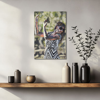 'Another Glorious Day' oil painting of a woman in a zigzag dress with black, white and grey colours, hanging above a shelf.