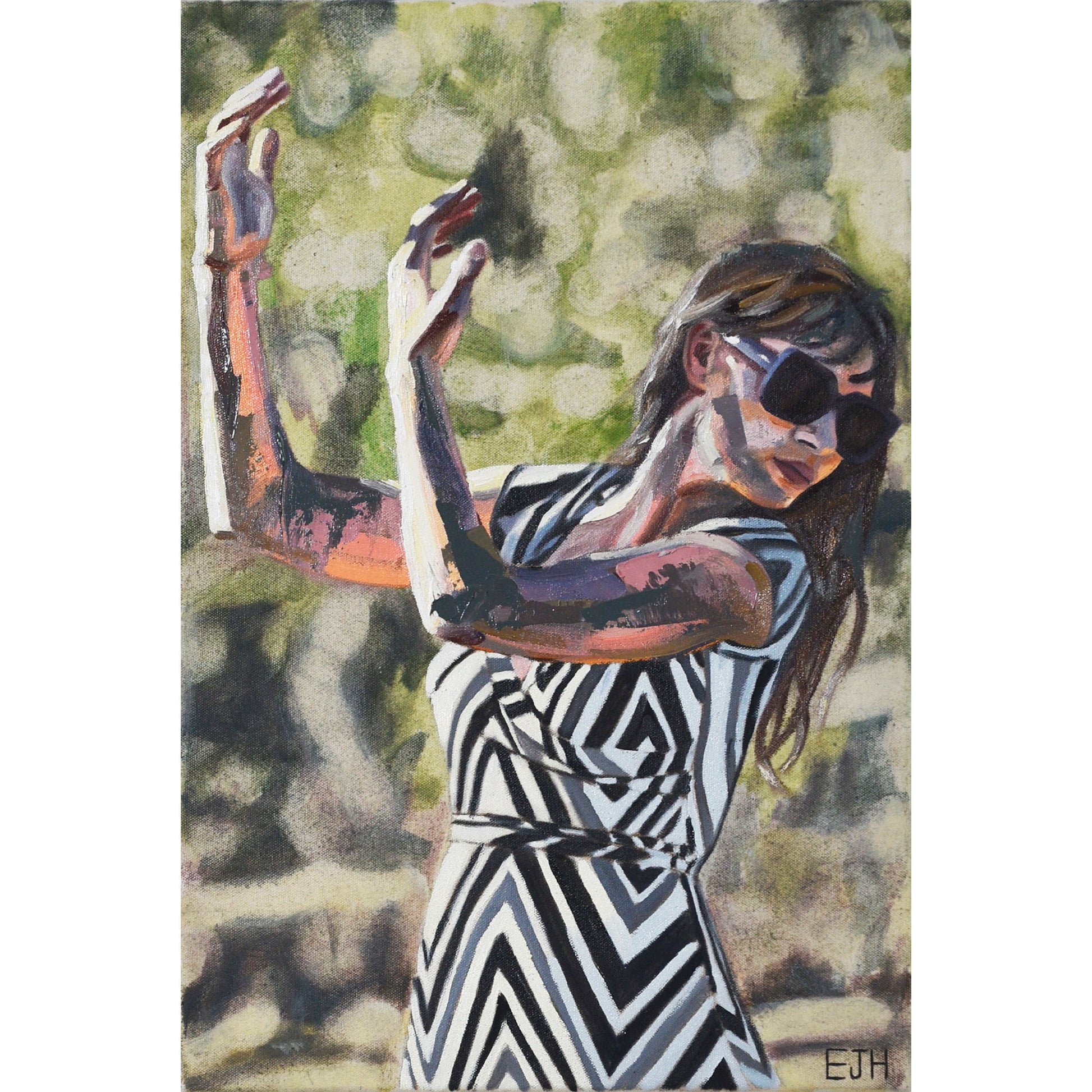 Oil on canvas painting titled 'Another Glorious Day', 2025 depicting a female subject wearing a zigzag dress with black, white and grey colours.