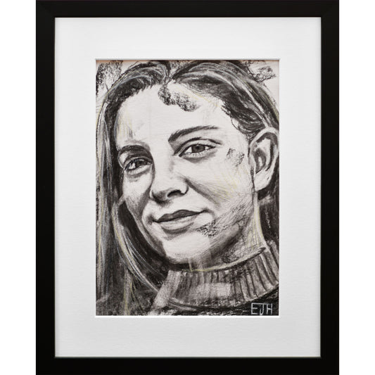 Framed portrait drawing titled 'Believe', 2024 depicting a female subject with a smile.