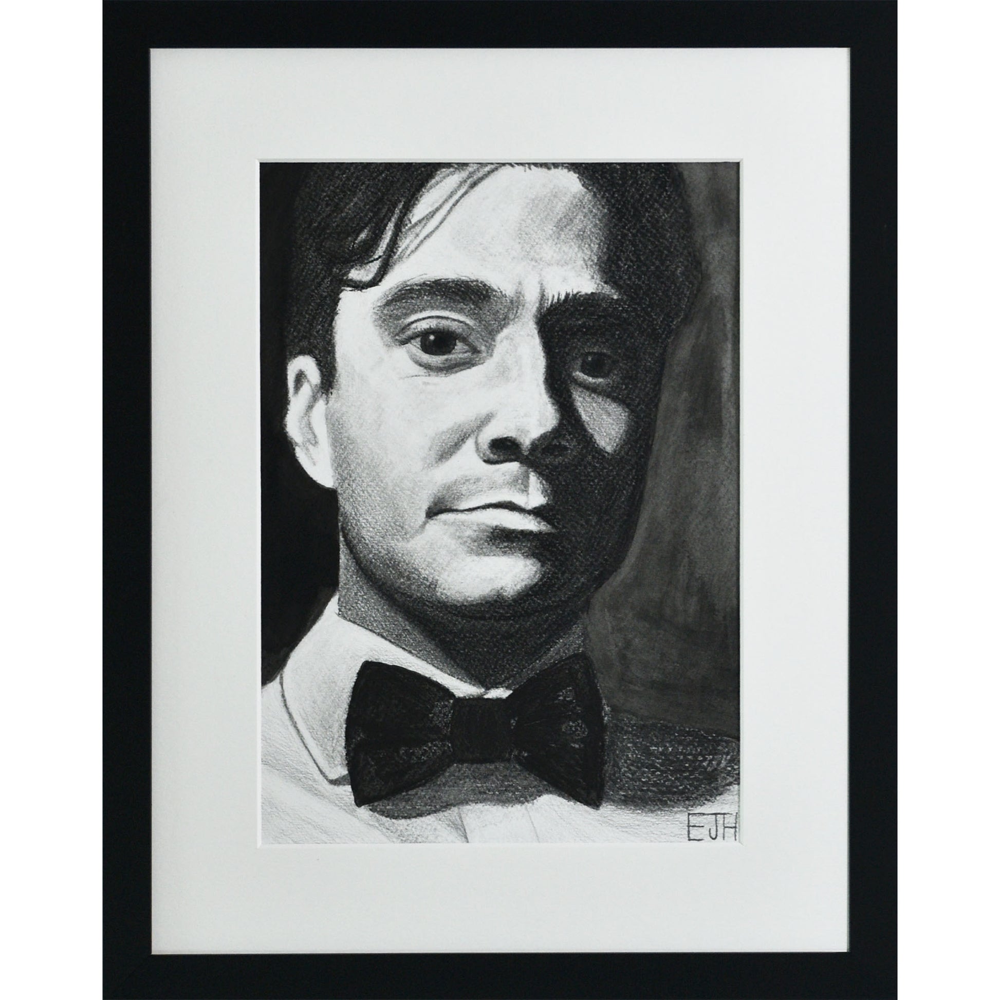 Framed portrait drawing titled 'Beneath The Surface', 2025 depicting portrait of a man with a bow tie.