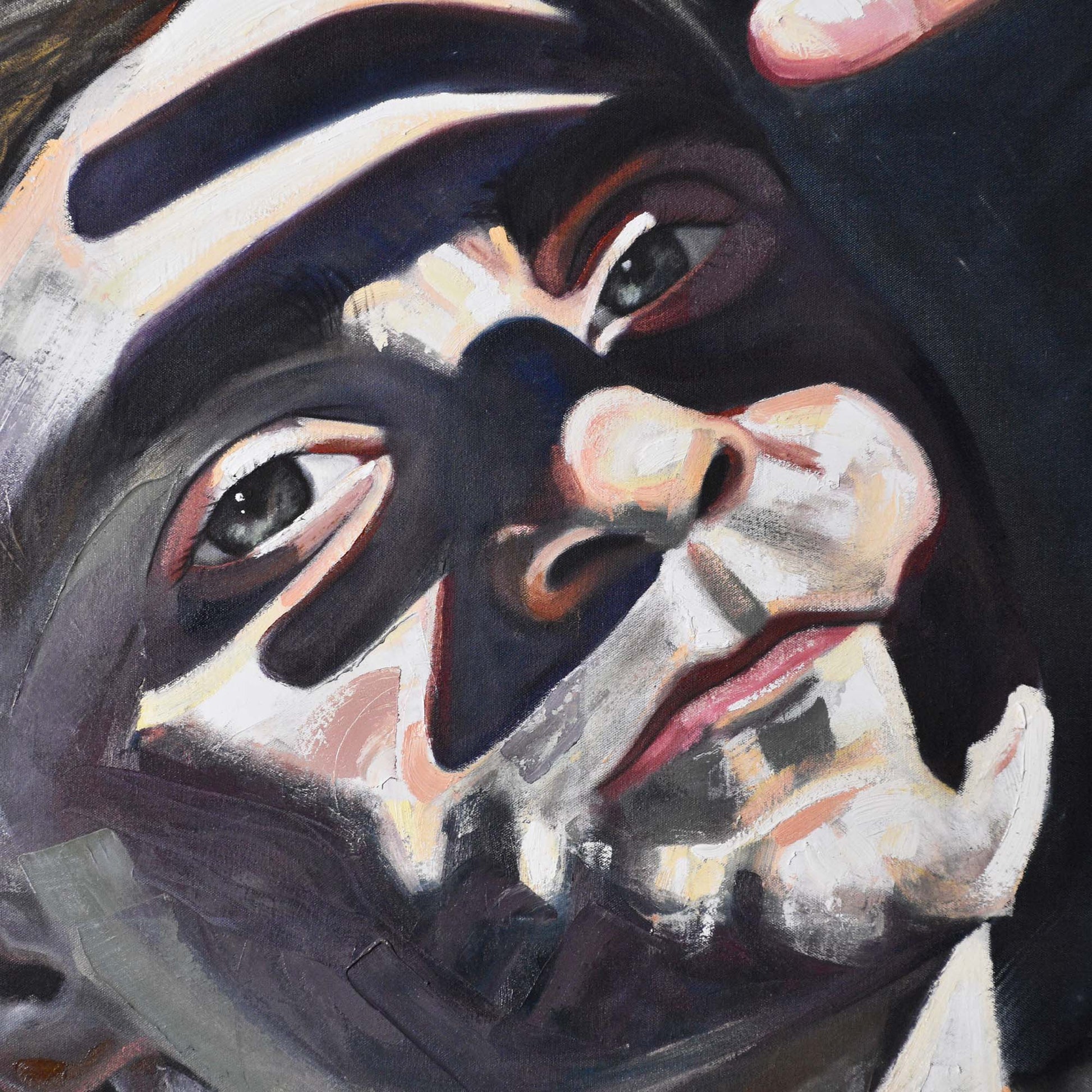 Close-up of man’s face with a neutral expression in a Contemporary portrait painting.