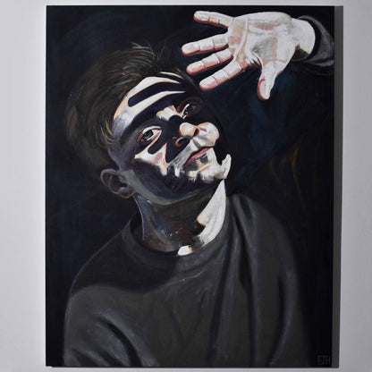 'Beyond The Light' oil painting hanging on a neutral wall in the artist's studio.