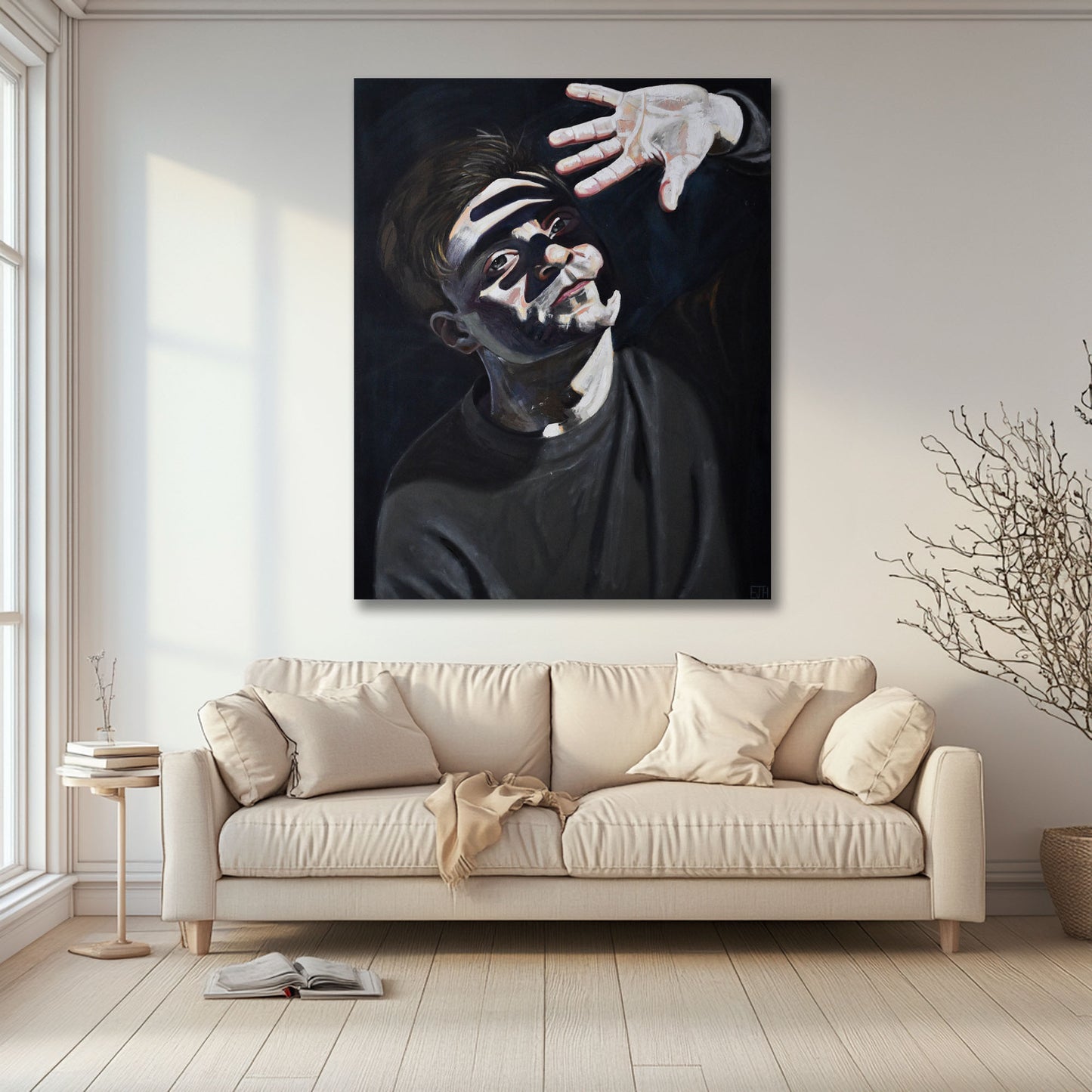 'Beyond The Light', a painting of a man with a white hand above his head hanging on the wall in a Modern living room.