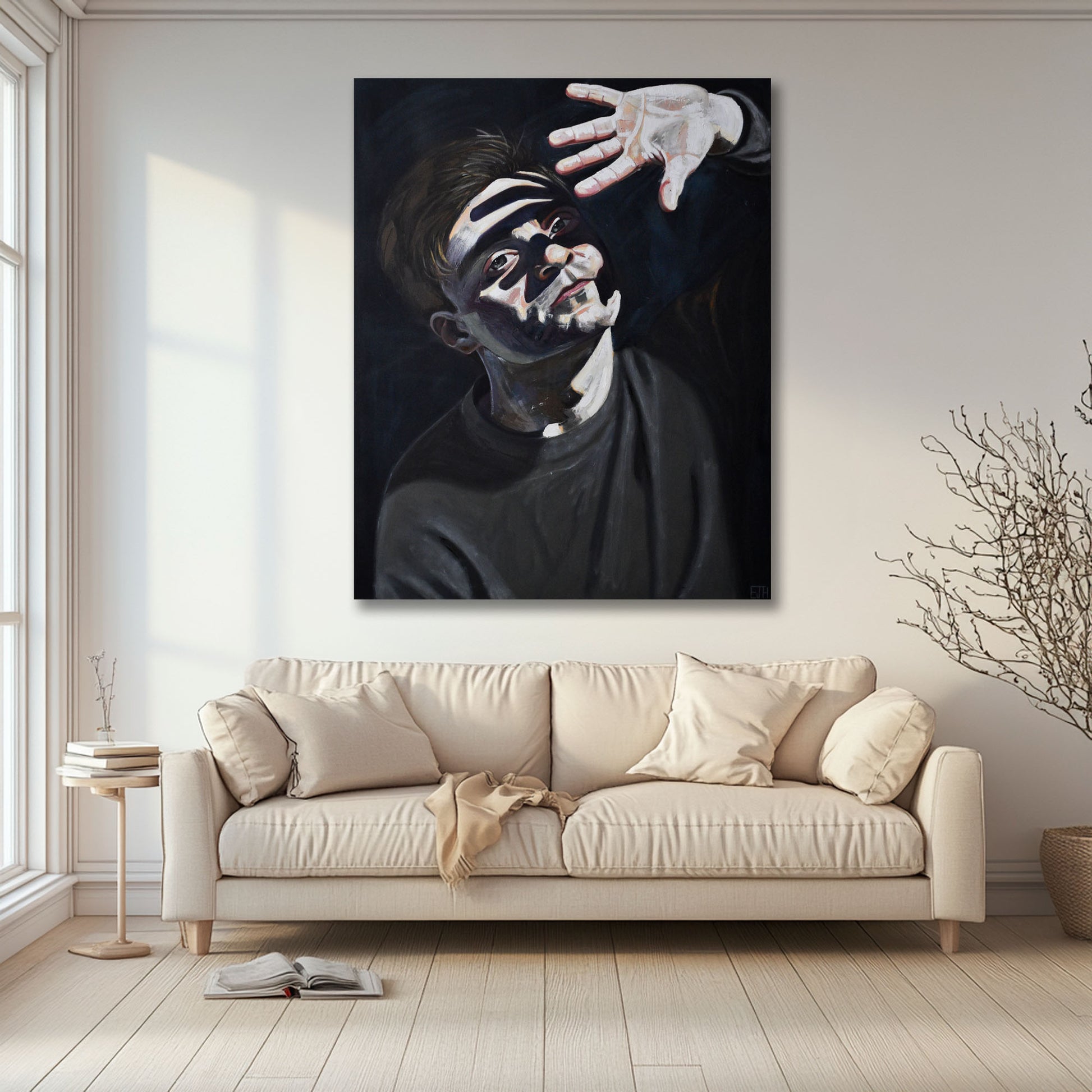 'Beyond The Light', a painting of a man with a white hand above his head hanging on the wall in a Modern living room.