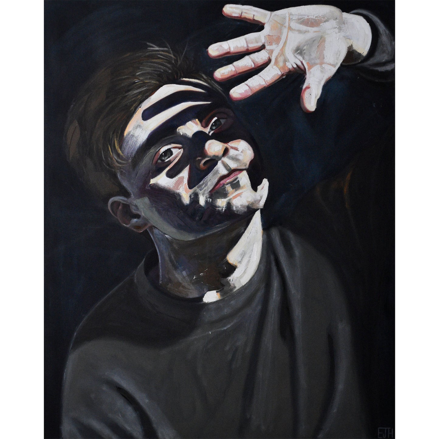 Oil on canvas painting titled 'Beyond The Light', 2025 depicting a male subject reaching out with his hand