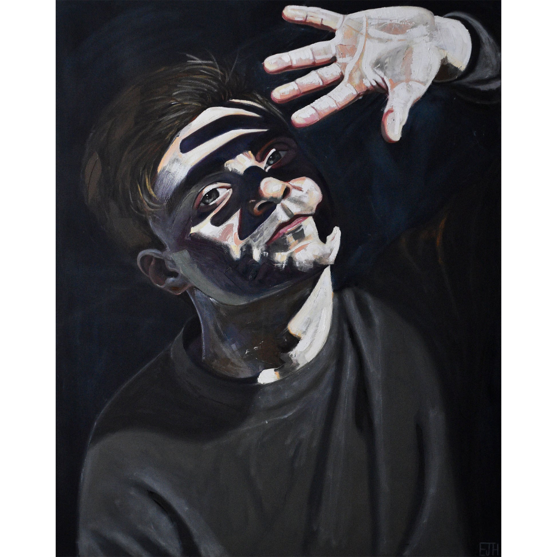 Oil on canvas painting titled 'Beyond The Light', 2025 depicting a male subject reaching out with his hand