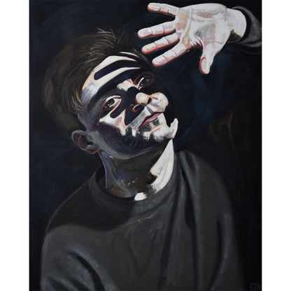 Oil on canvas painting titled 'Beyond The Light', 2025 depicting a male subject reaching out with his hand