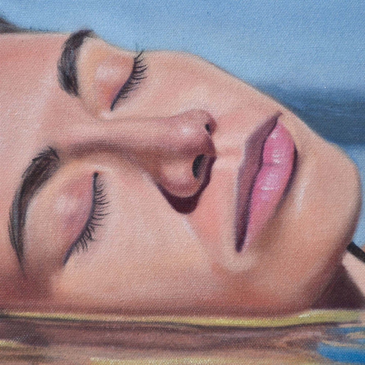 Close-up of woman’s face with a neutral expression in a Contemporary portrait painting.