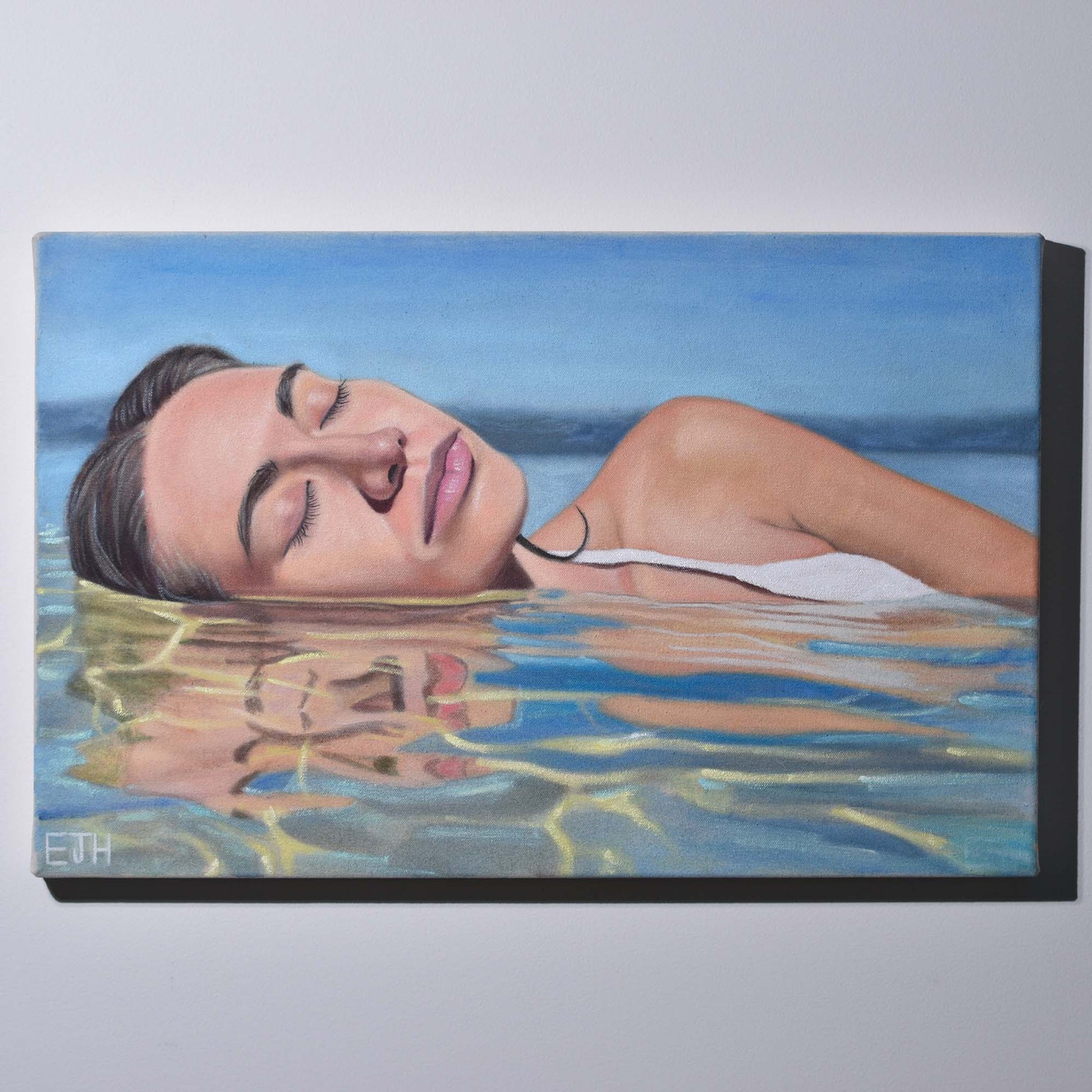 'Body Of Water' oil painting hanging on a neutral wall in the artist's studio.