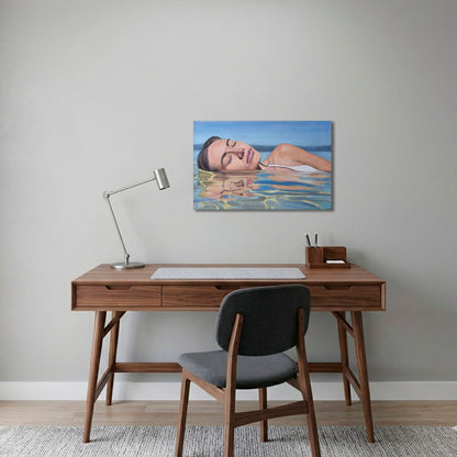'Body Of Water' oil painting of a woman laying in water in office with a brown table and chair.