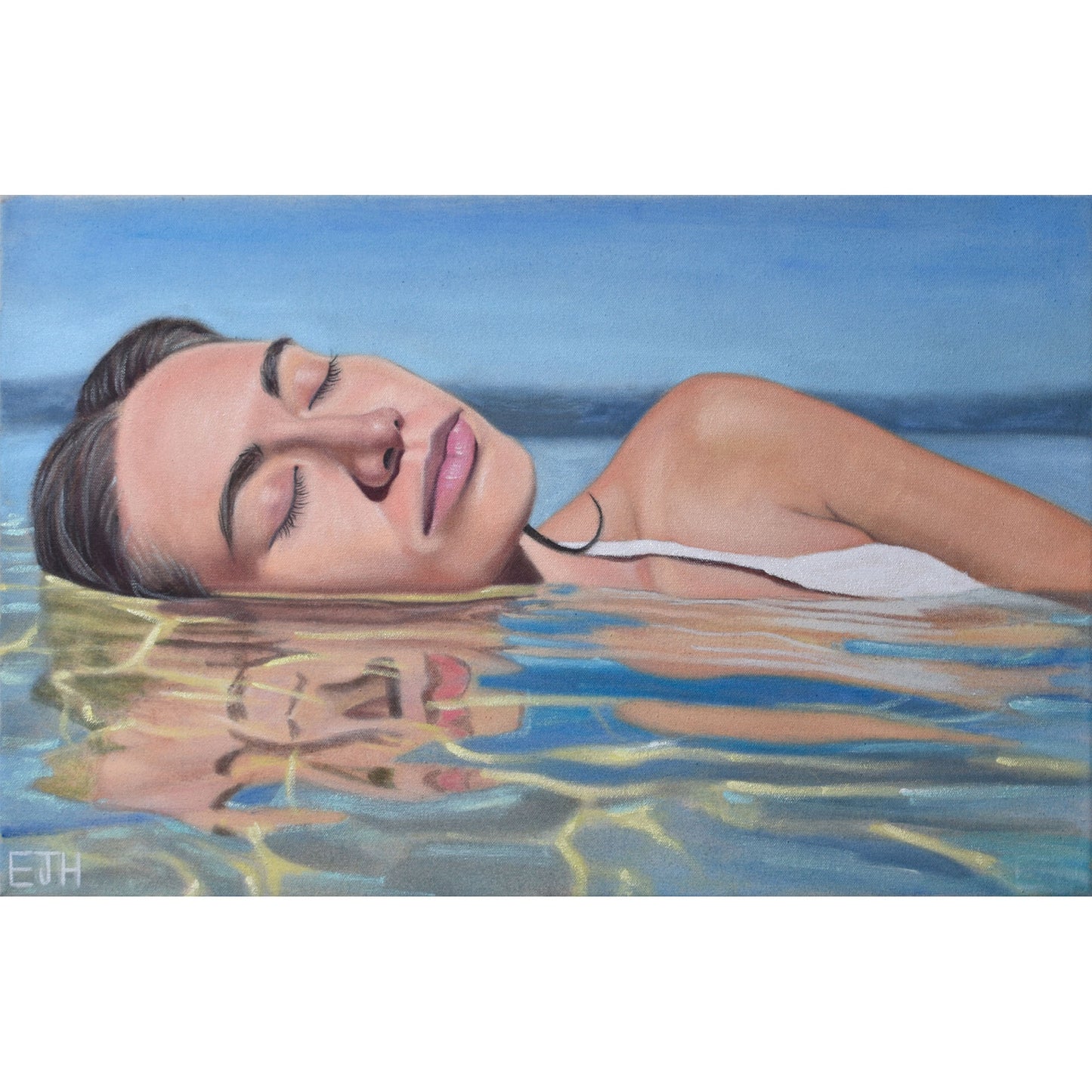 Oil painting titled 'Body Of water', 2026 depicting a female subject with dark hair and closed eyes in reflecting water.