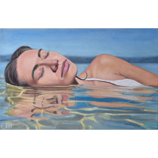 Oil painting titled 'Body Of water', 2026 depicting a female subject with dark hair and closed eyes in reflecting water.