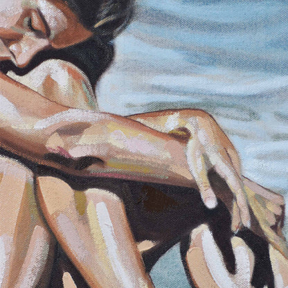 Close-up of woman’s hand with water in the background in a Contemporary portrait painting.