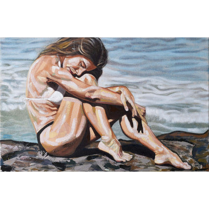 Oil on canvas painting titled 'Celestial Waves', 2025 depicting a female subject sitting on rocks with waves in the background.