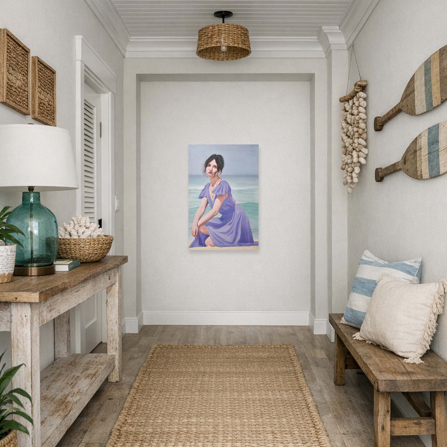 Nautical-themed hallway with an oil painting 'Delphinium', a woman in a blue dress, wooden bench, and decorative items. 