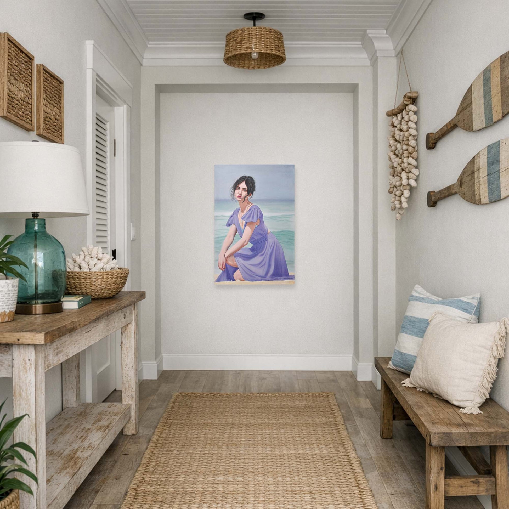 Nautical-themed hallway with an oil painting 'Delphinium', a woman in a blue dress, wooden bench, and decorative items. 