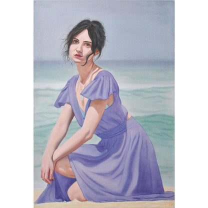 Oil painting titled 'Delphinium', 2026 depicting a female subject in a purple dress sitting on a beach with ocean in the background.