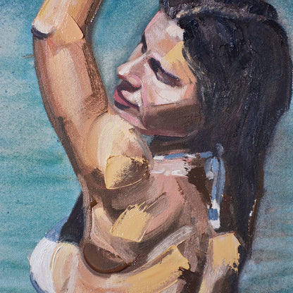 Close-up of woman’s face and shoulder with a neutral expression in a Contemporary portrait painting.