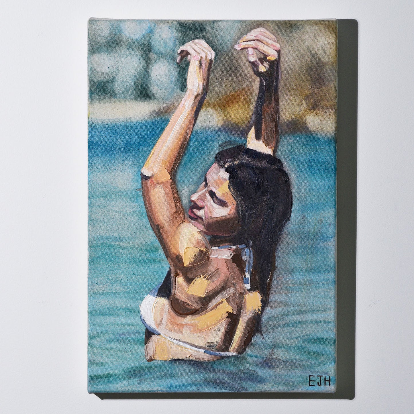 'Follow The Sun' oil painting hanging on a neutral wall in the artist's studio.