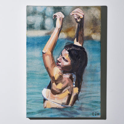 'Follow The Sun' oil painting hanging on a neutral wall in the artist's studio.