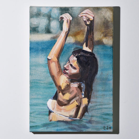 'Follow The Sun' oil painting hanging on a neutral wall in the artist's studio.